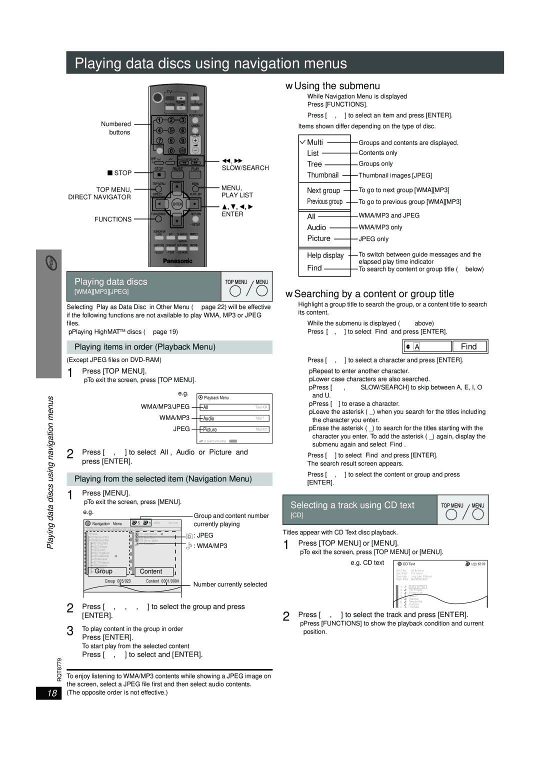 Panasonic SC-HT441W Playing data discs using navigation menus, Using the submenu, Searching by a content or group title 