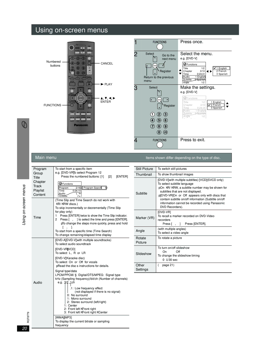 Panasonic SC-HT441W manual Main menu, Screen, Using 