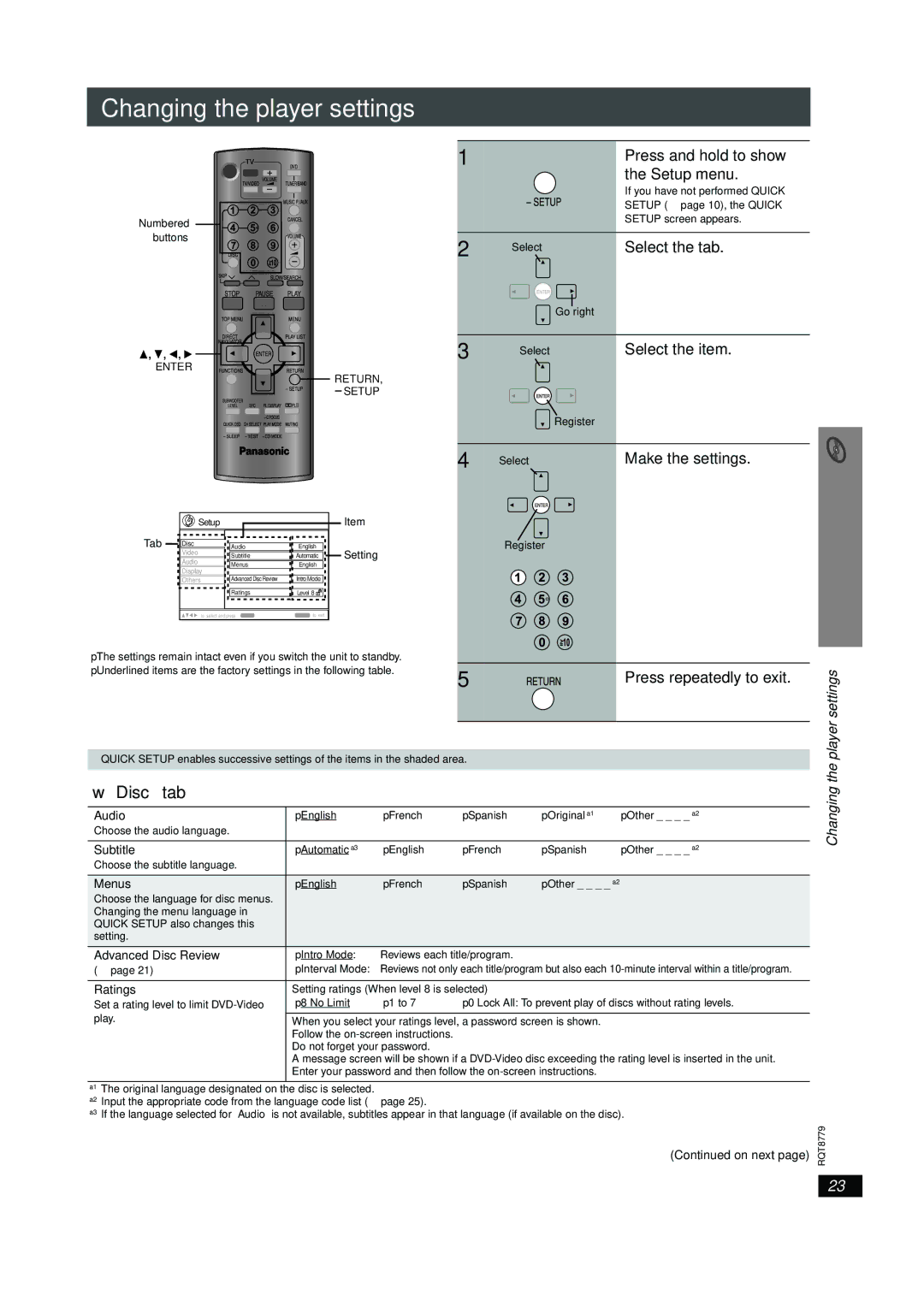 Panasonic SC-HT441W manual Changing the player settings, Disc tab 