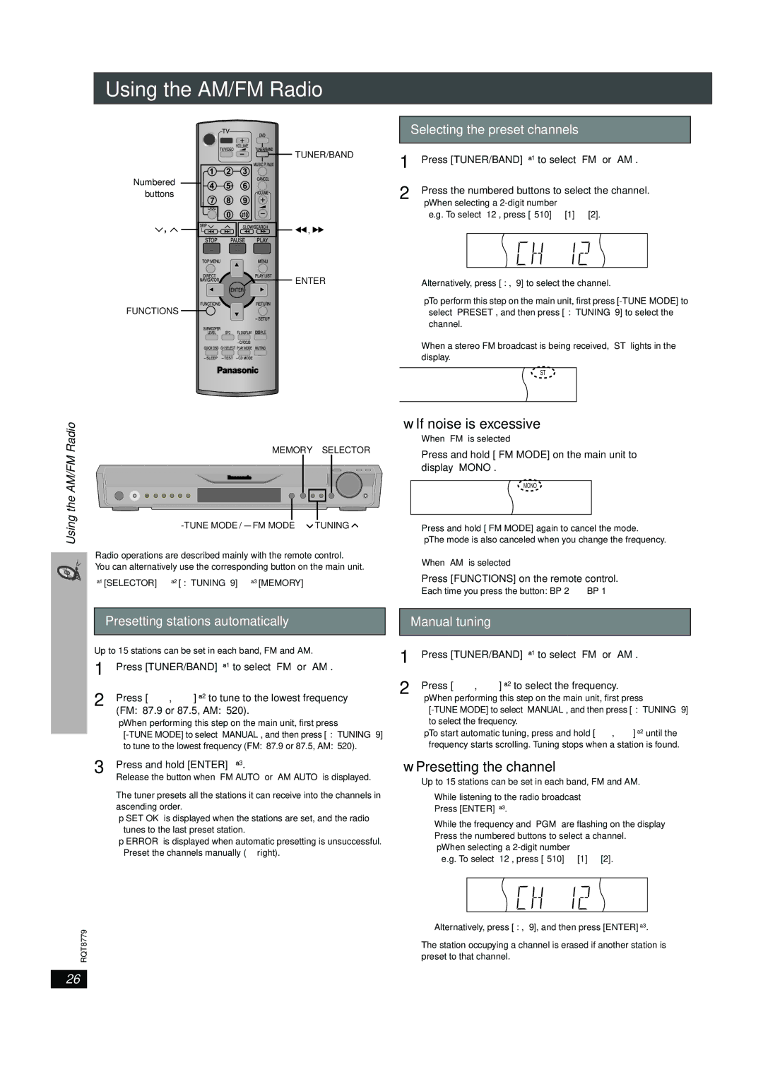 Panasonic SC-HT441W manual If noise is excessive, Presetting the channel, Presetting stations automatically, Manual tuning 