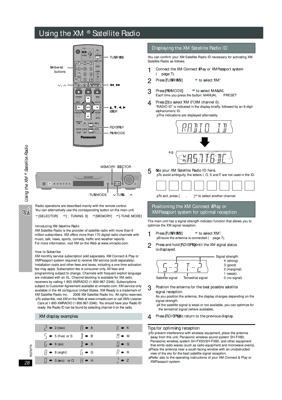 Panasonic SC-HT441W manual XM Satellite Radio, XM display examples, Tips for optimizing reception 