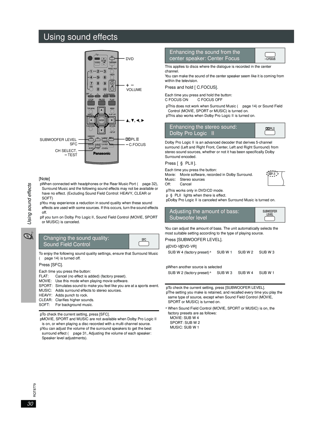 Panasonic SC-HT441W manual Using sound effects 