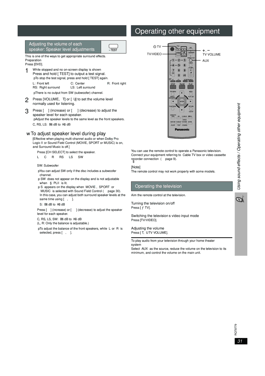 Panasonic SC-HT441W manual Operating other equipment, To adjust speaker level during play, Adjusting the volume of each 