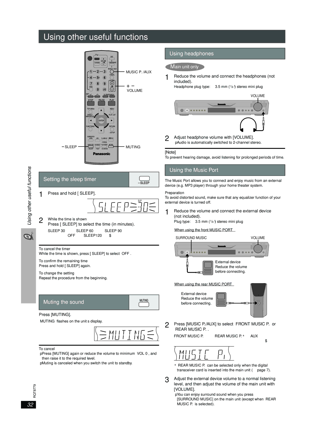 Panasonic SC-HT441W manual Using other useful functions, Using headphones, Using the Music Port, Setting the sleep timer 