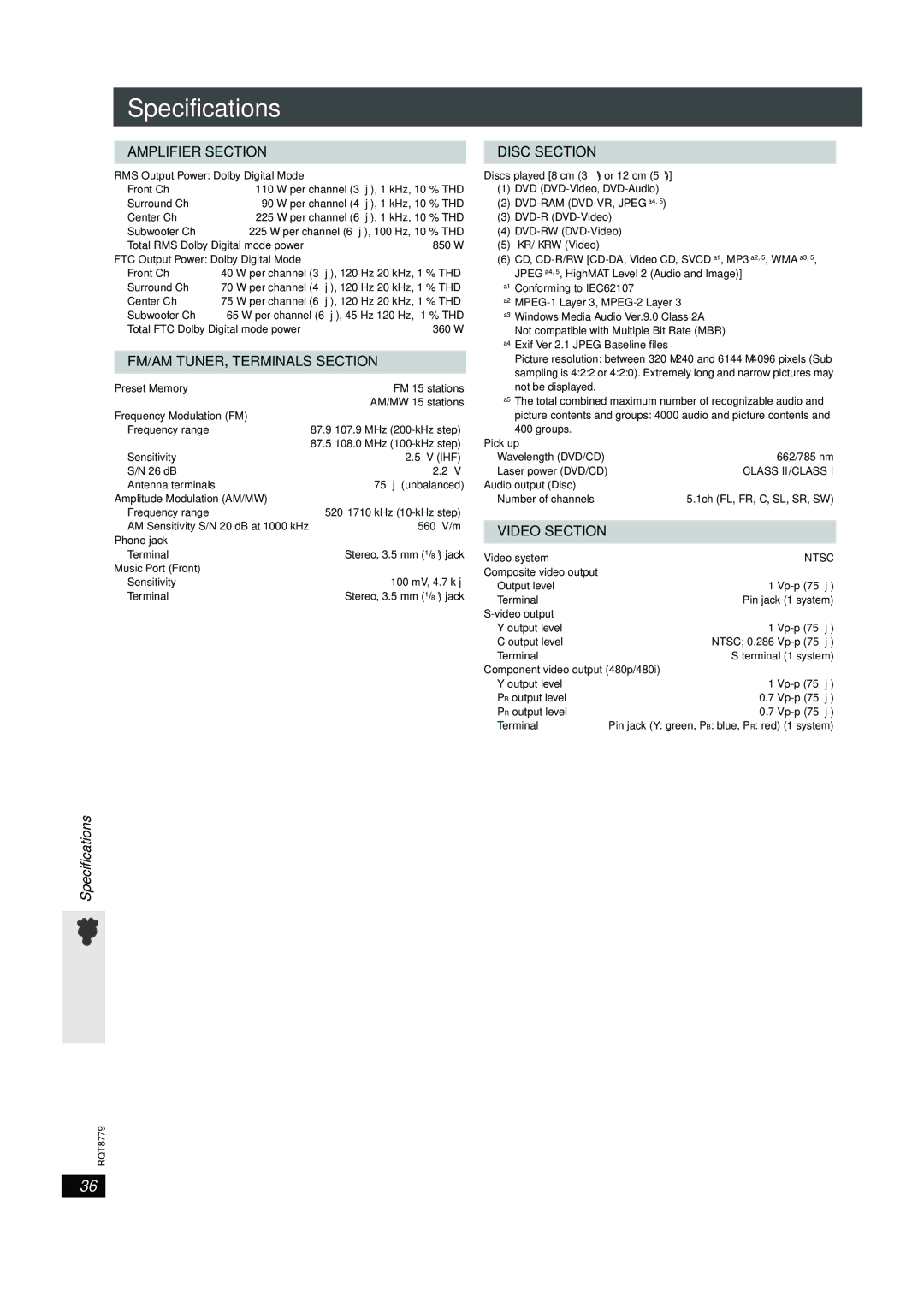 Panasonic SC-HT441W manual Specifications 