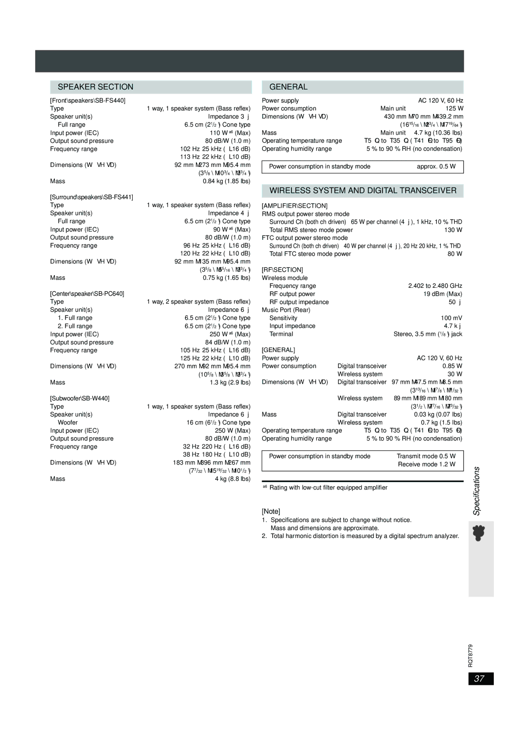 Panasonic SC-HT441W Type, Speaker units, Input power IEC, Output sound pressure, Frequency range, Dimensions WtHtD, Mass 