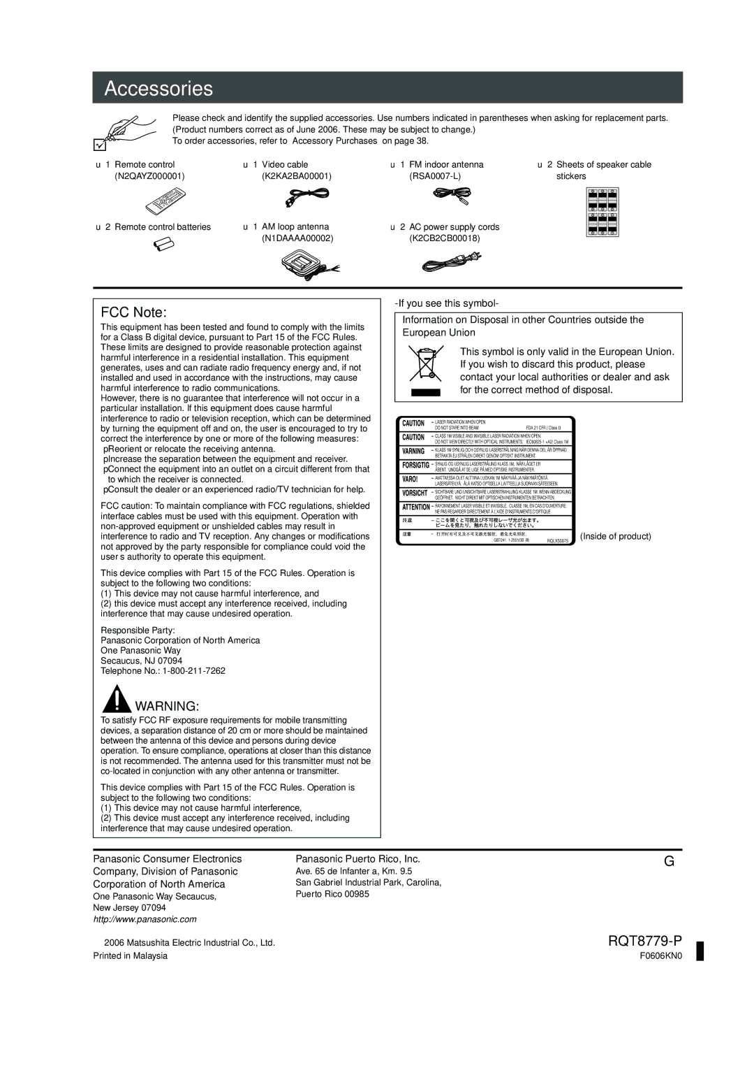 Panasonic SC-HT441W manual Accessor es, If you see this symbol, Corporation of North America, ∏ 2 Remote control batteries 