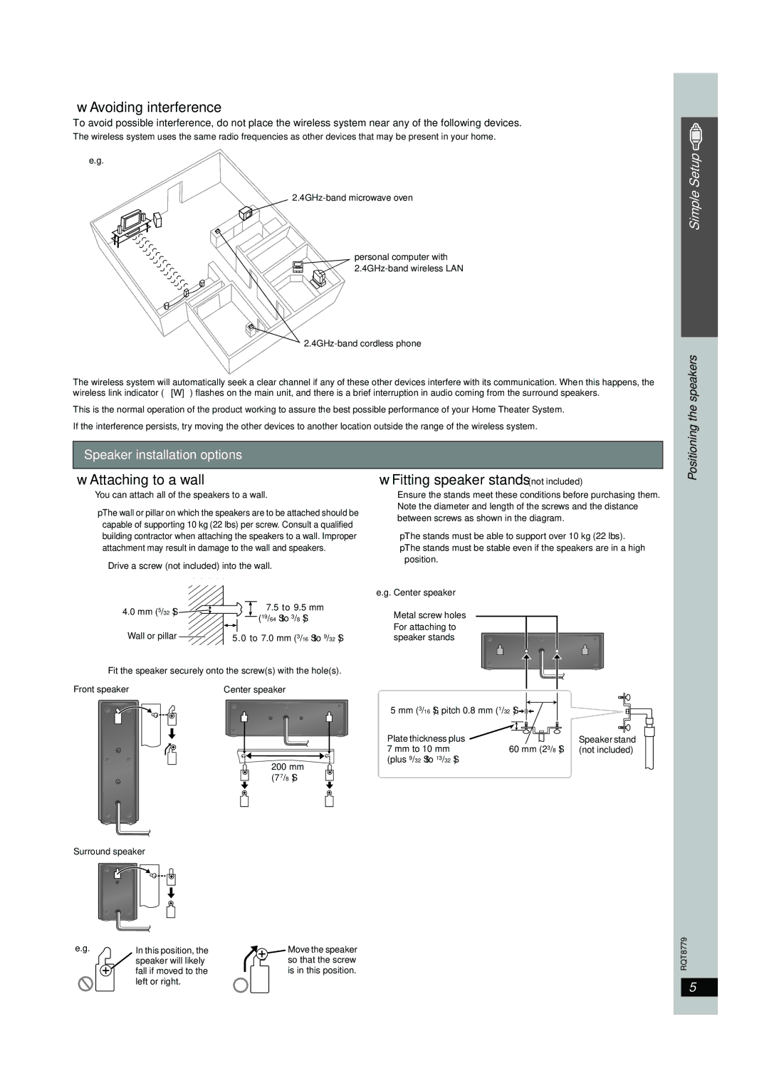 Panasonic SC-HT441W manual Attaching to a wall, Fitting speaker stands not included, Speaker installation options 