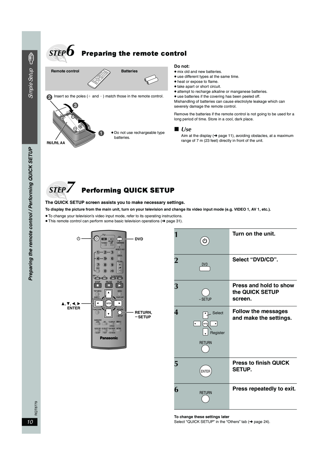 Panasonic SC-HT441W manual Preparing the remote control, Performing QUICK SETUP, Use, Friday,June9,20065 43PM, Simple Setup 