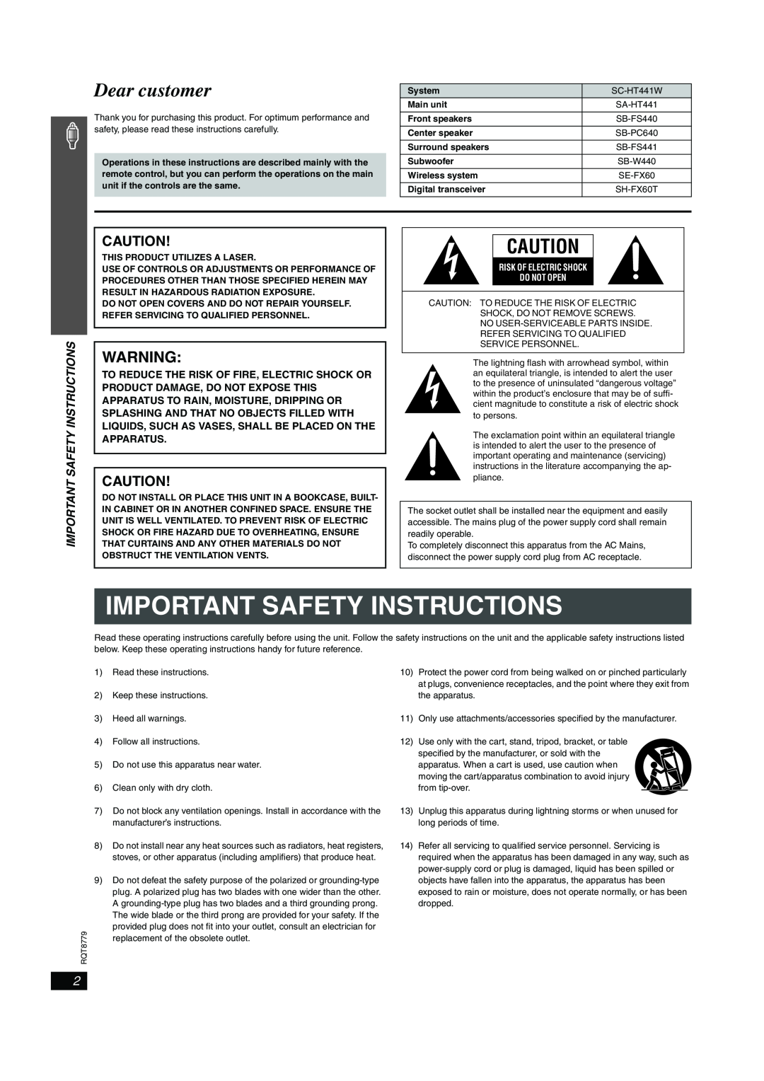 Panasonic SC-HT441W manual Important Safety Instructions, To Reduce The Risk Of Fire, Electric Shock Or, Apparatus 