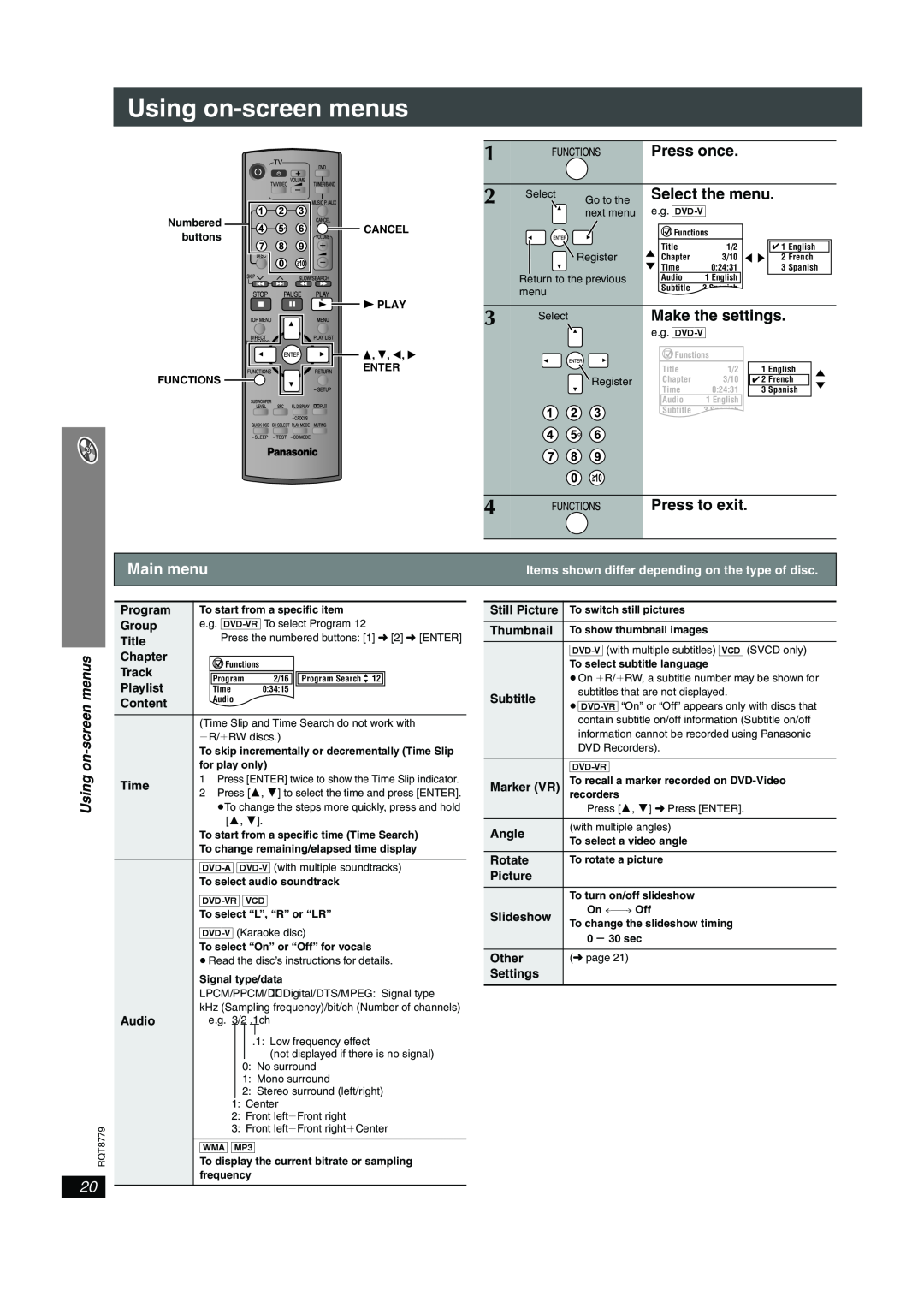 Panasonic SC-HT441W Main menu, screen, Using, HT441WEn.bookPage20Friday,June9,20065 43PM, Program, Group, Title, Chapter 