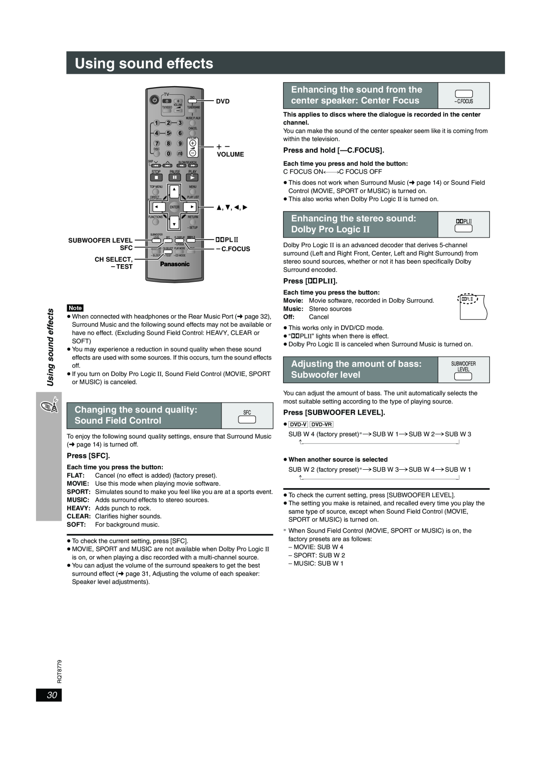 Panasonic SC-HT441W manual Using sound effects, Enhancing the sound from the, center speaker Center Focus, Dolby Pro Logic 