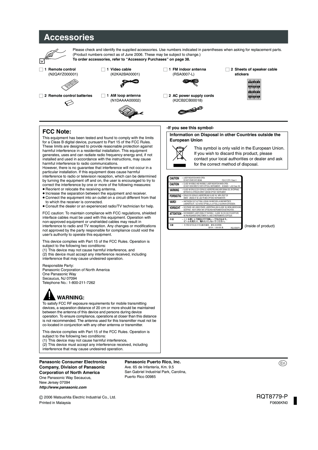 Panasonic SC-HT441W Accessor es, FCC Note, HT441WEn.bookPage40Friday,June9,20065 43PM, RQT8779-P, Ifyou see this symbol 