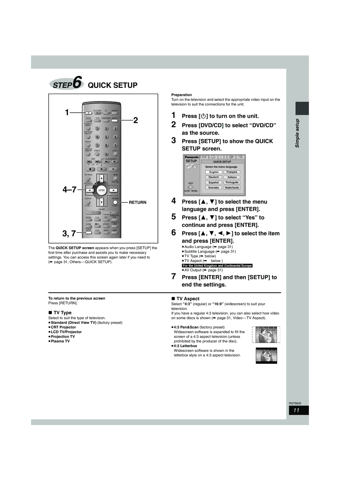 Panasonic SC-HT500 Press Enter and then Setup to end the settings, TV Type, TV Aspect, To return to the previous screen 