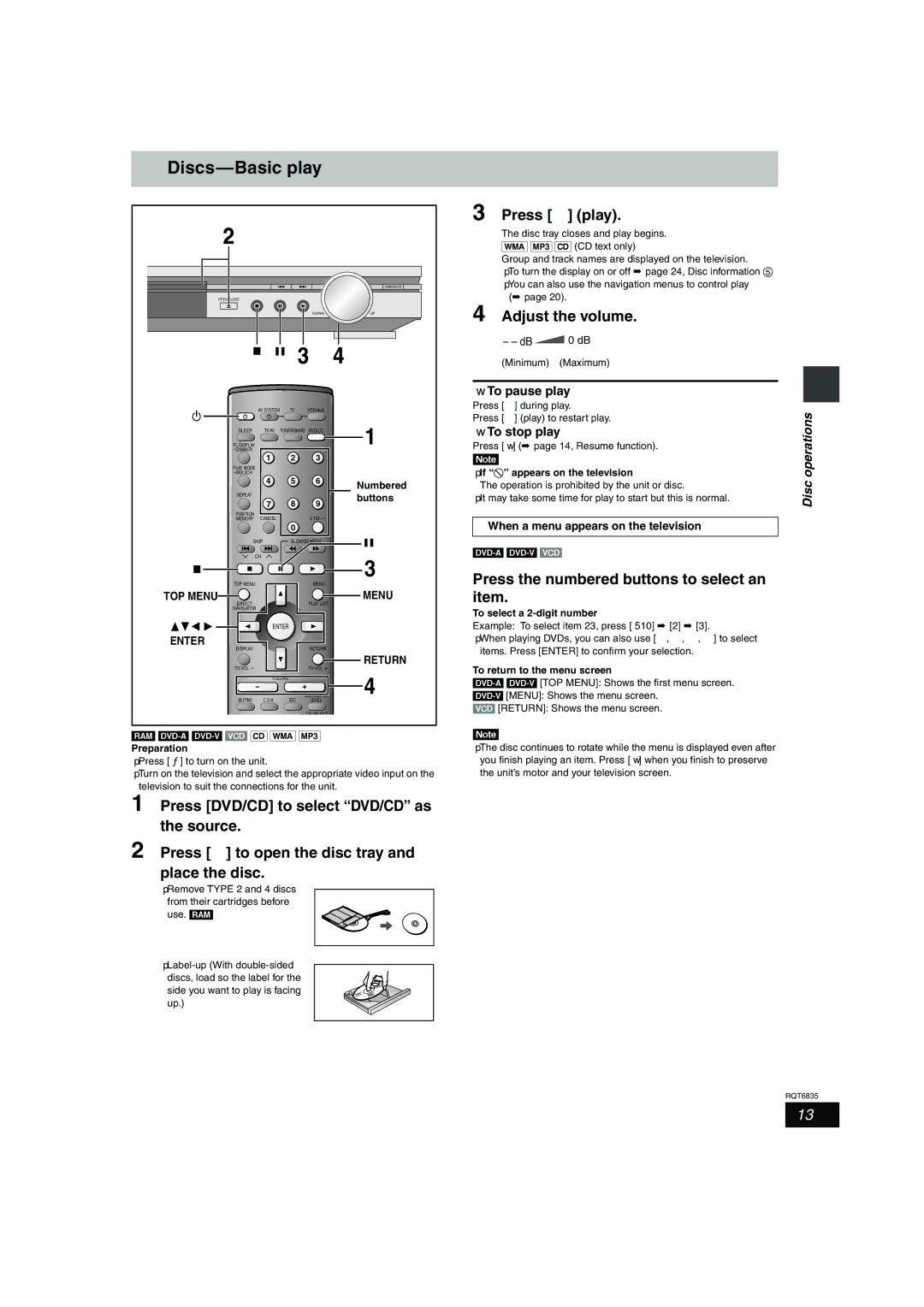 Panasonic SC-HT500 operating instructions Discs-Basic play, Press 1 play, Adjust the volume, To pause play, To stop play 