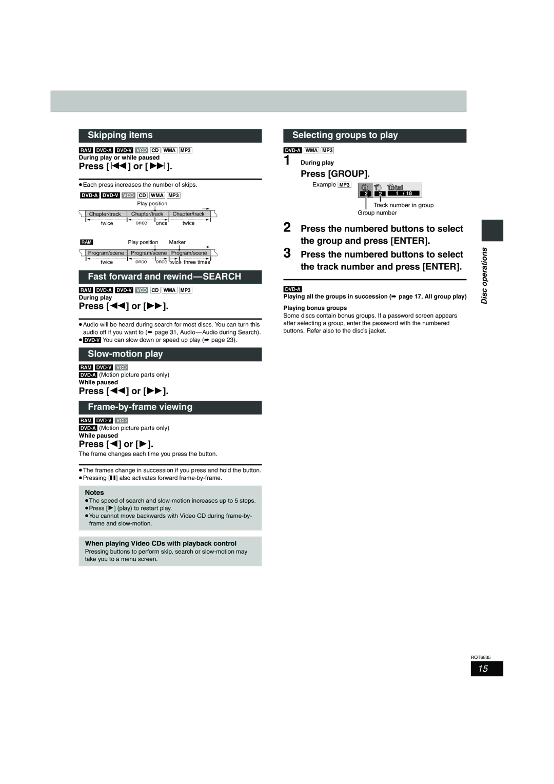 Panasonic SC-HT500 Skipping items, Fast forward and rewind-SEARCH, Slow-motion play, Frame-by-frame viewing, Press Group 