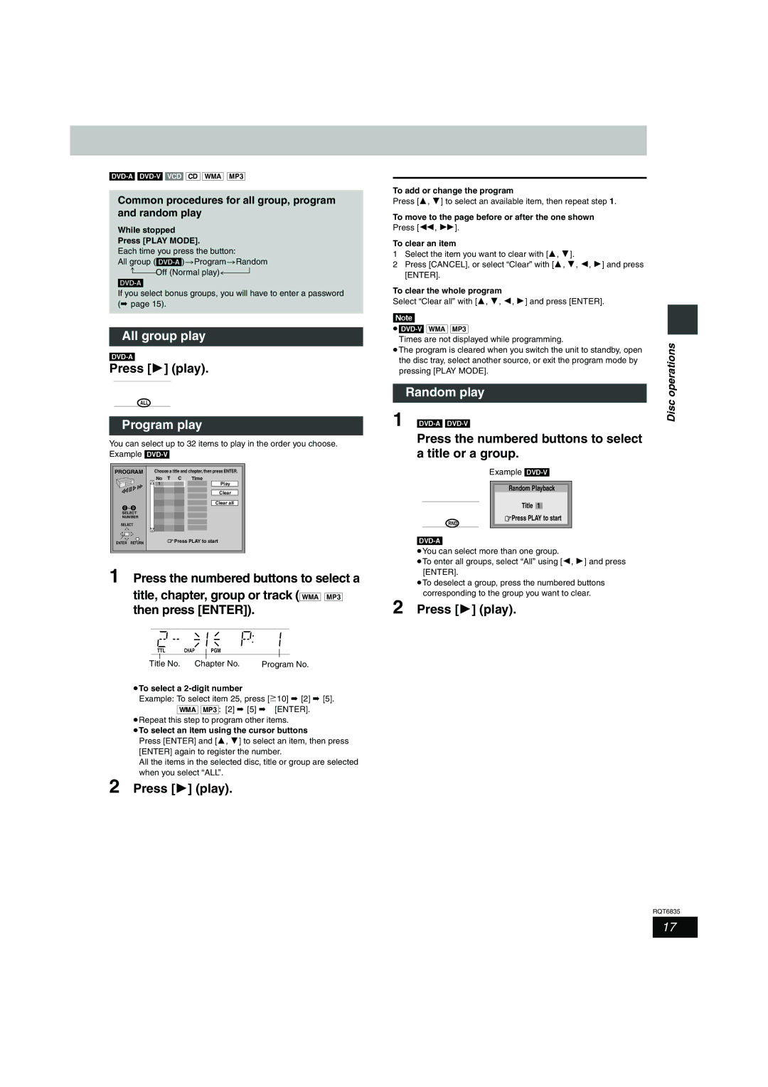 Panasonic SC-HT500 All group play, Program play, Random play, Press the numbered buttons to select a title or a group 