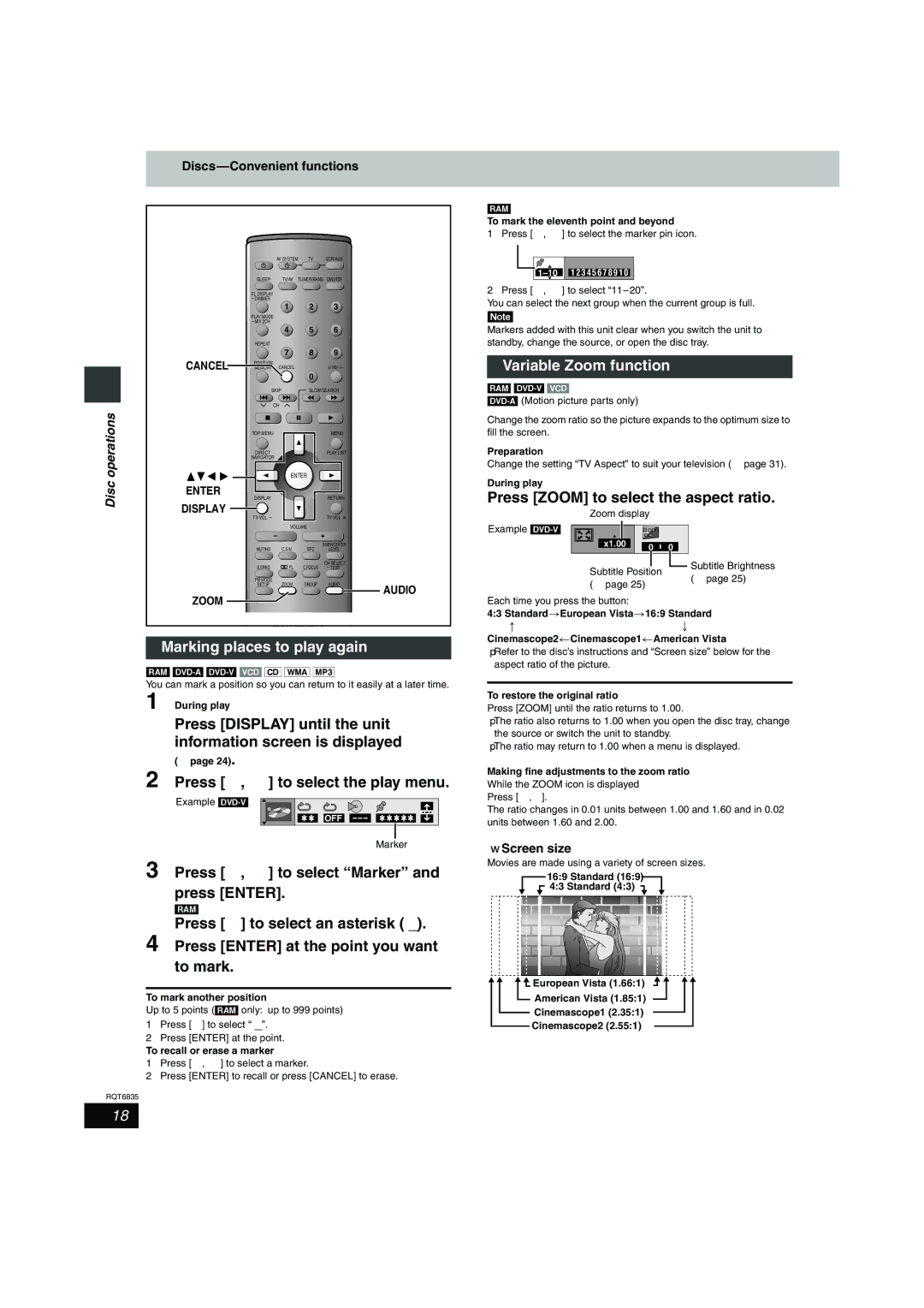 Panasonic SC-HT500 Variable Zoom function, Press Zoom to select the aspect ratio, Marking places to play again 