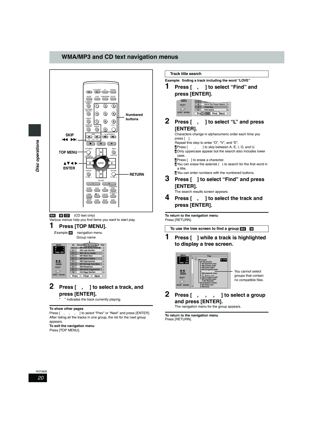 Panasonic SC-HT500 operating instructions WMA/MP3 and CD text navigation menus 