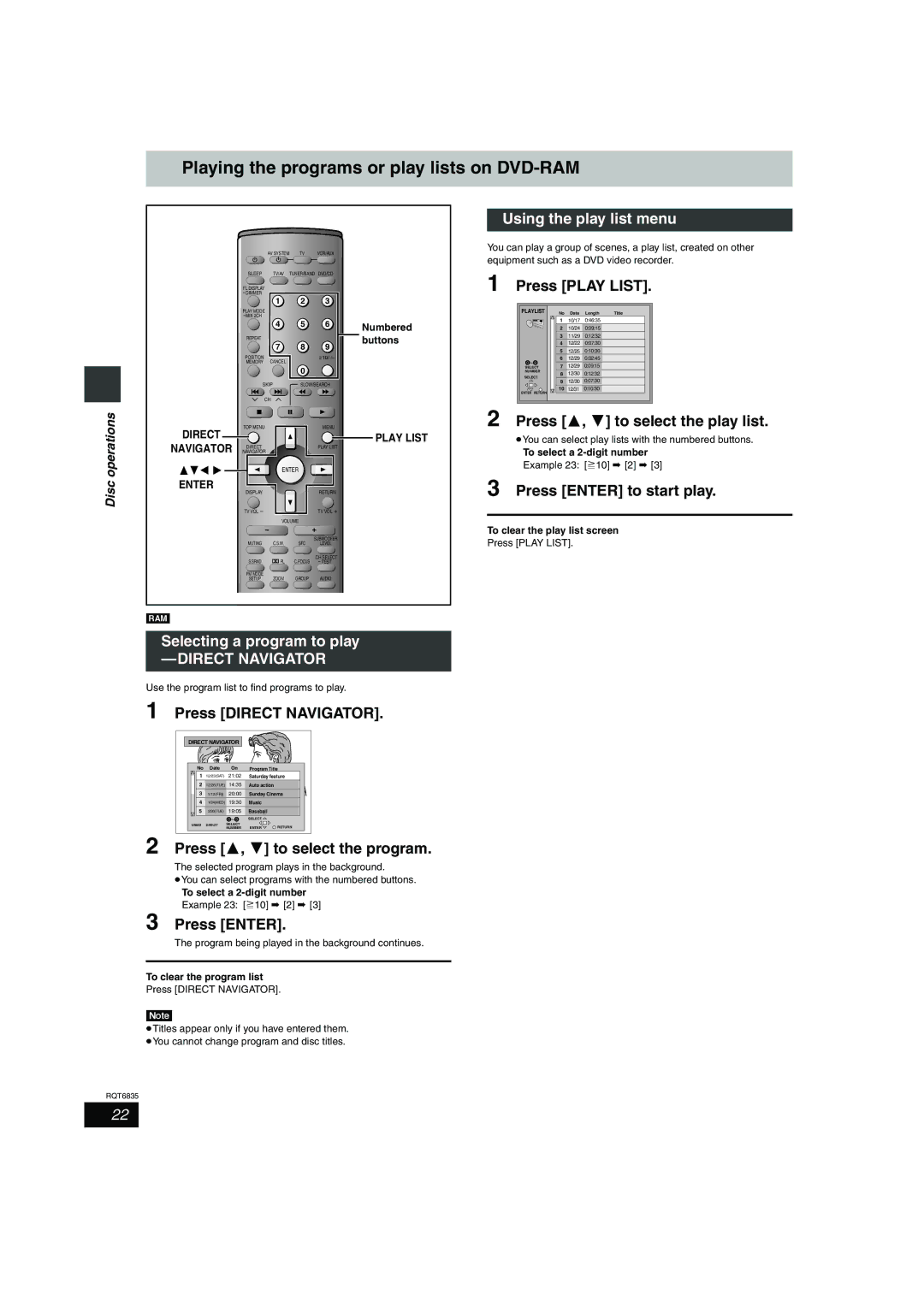 Panasonic SC-HT500 Playing the programs or play lists on DVD-RAM, Using the play list menu, Selecting a program to play 