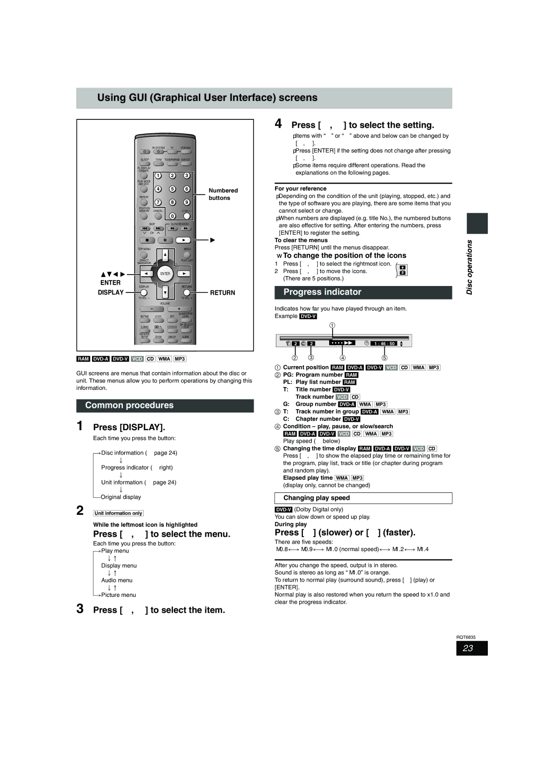 Panasonic SC-HT500 operating instructions Using GUI Graphical User Interface screens, Common procedures, Progress indicator 