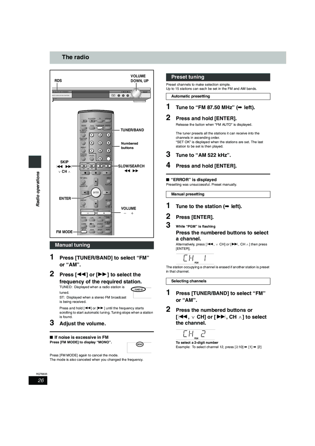 Panasonic SC-HT500 operating instructions Radio, Manual tuning, Preset tuning 