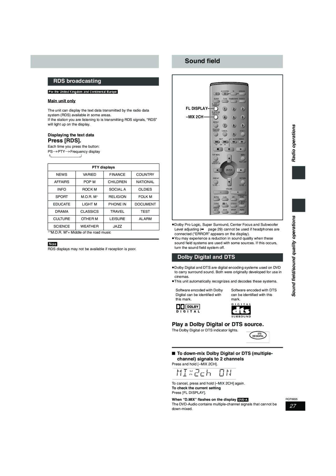 Panasonic SC-HT500 Sound field, RDS broadcasting, Press RDS, Dolby Digital and DTS, Play a Dolby Digital or DTS source 