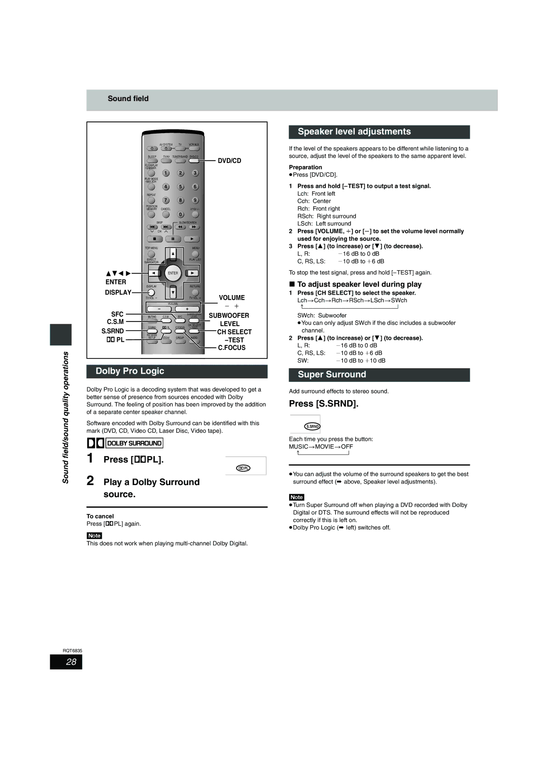 Panasonic SC-HT500 operating instructions Dolby Pro Logic, Press ÎPL, Speaker level adjustments, Super Surround 