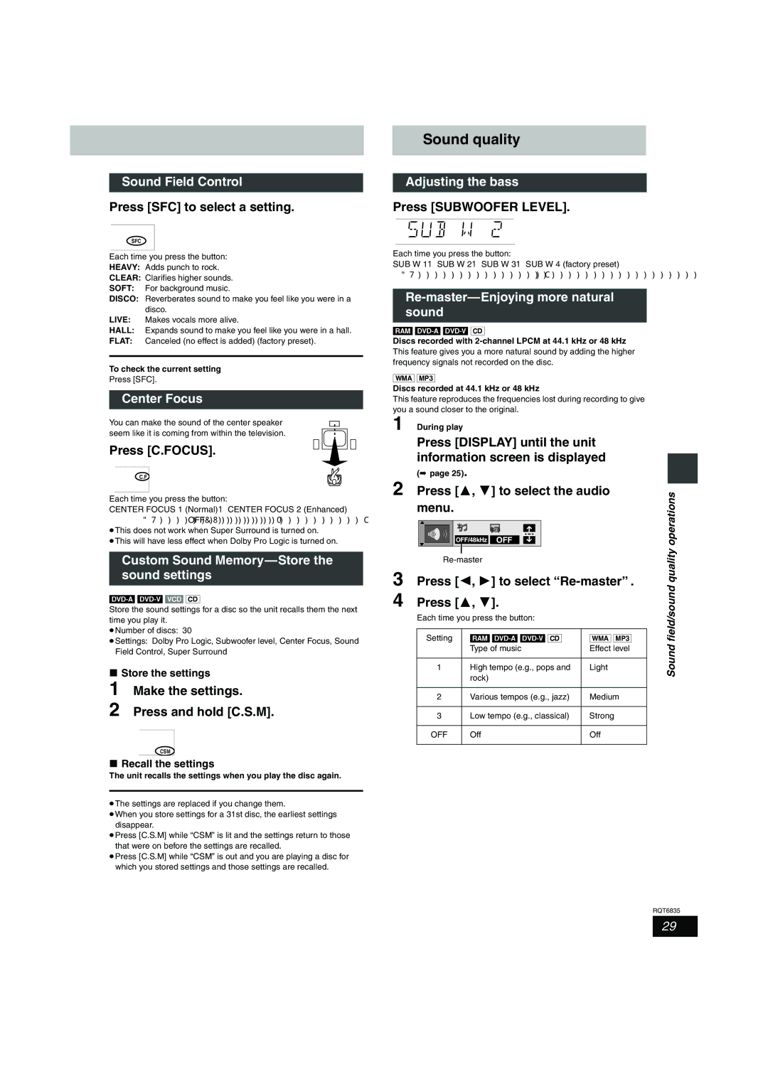 Panasonic SC-HT500 operating instructions Sound quality 