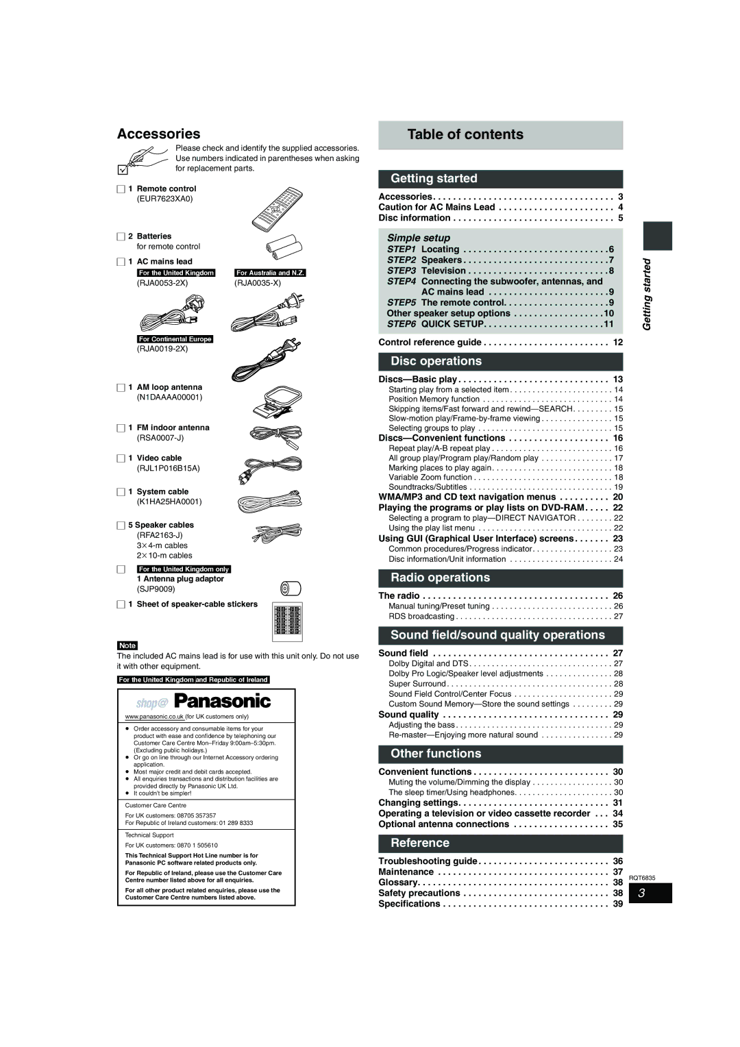 Panasonic SC-HT500 operating instructions Accessories, Table of contents 