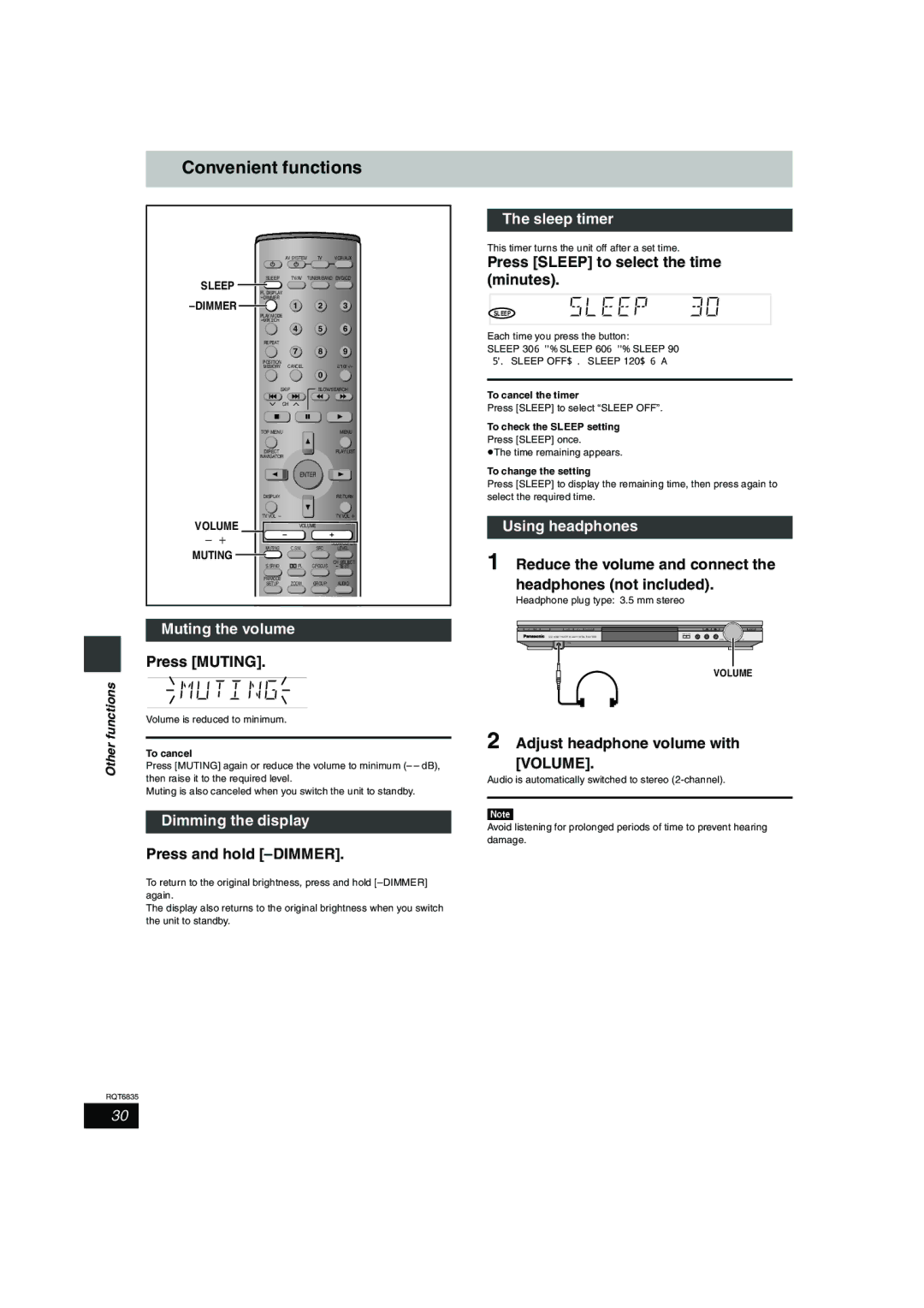 Panasonic SC-HT500 Convenient functions, Muting the volume, Dimming the display, Sleep timer, Using headphones 