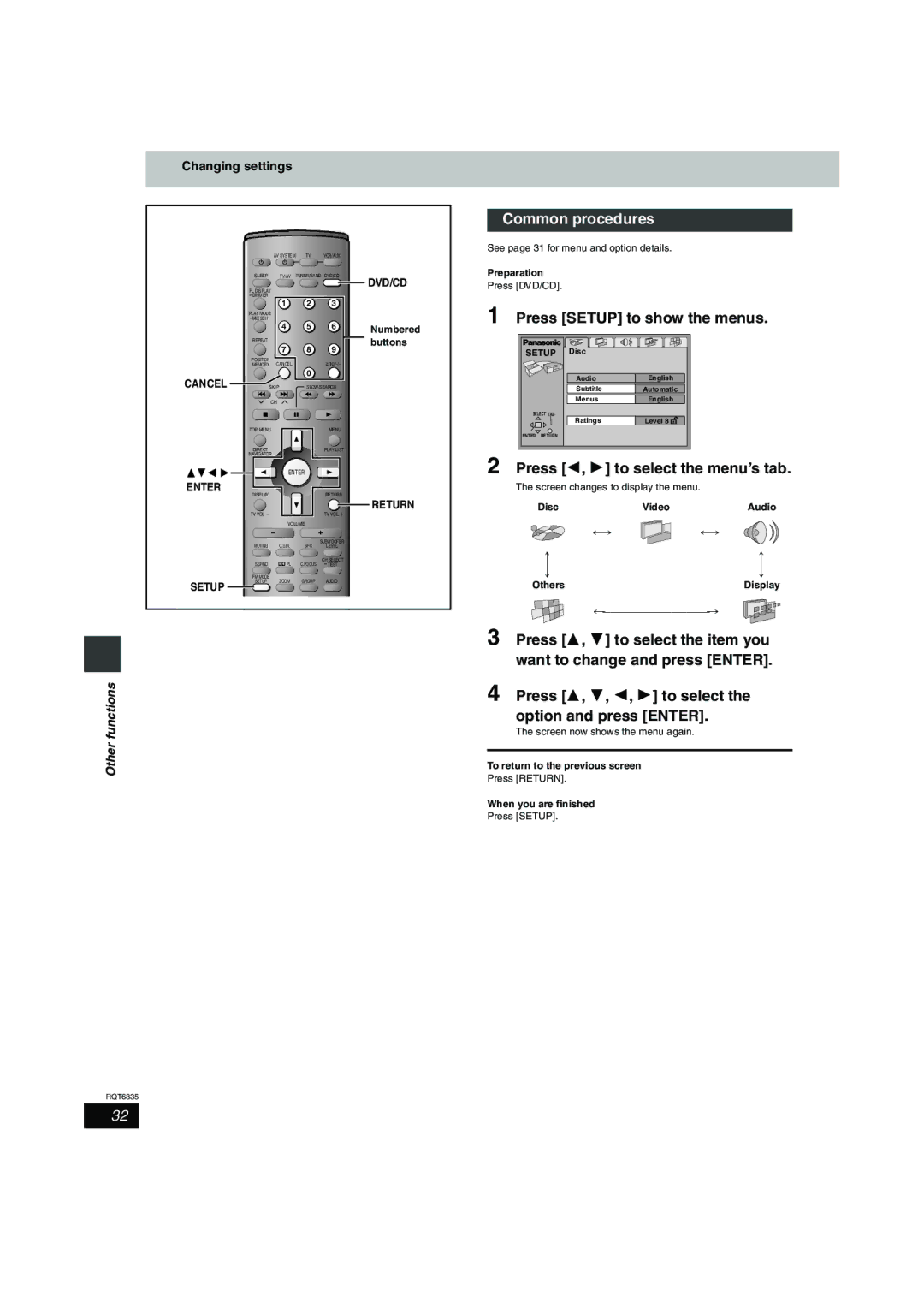 Panasonic SC-HT500 Press Setup to show the menus, Press 2, 1 to select the menu’s tab, Changing settings, Cancel 