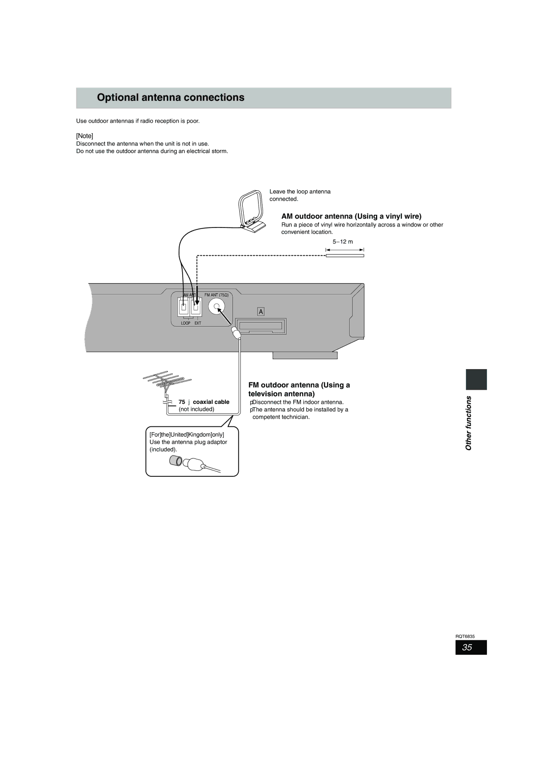 Panasonic SC-HT500 Optional antenna connections, AM outdoor antenna Using a vinyl wire, 75 ≠ coaxial cable 