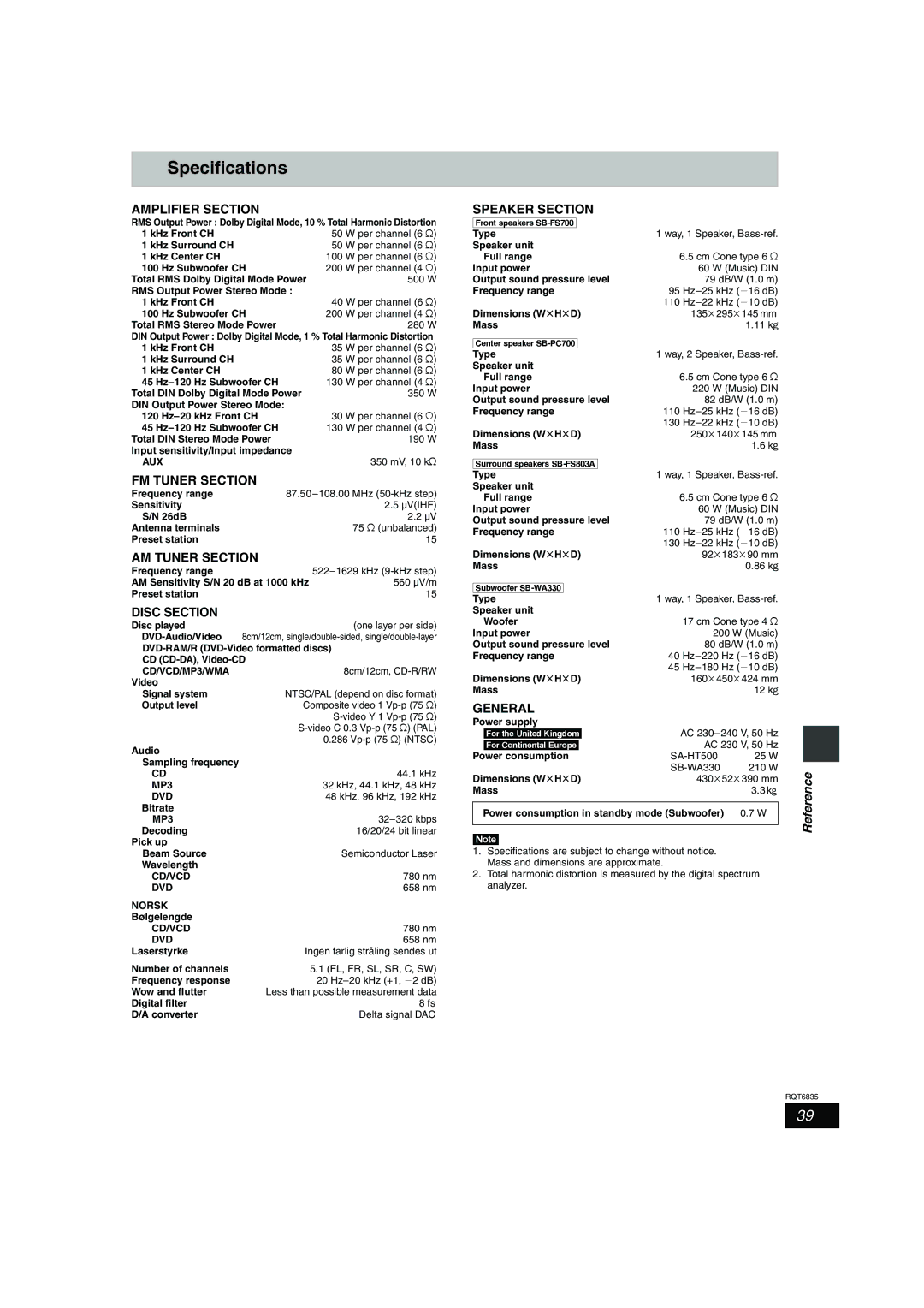 Panasonic SC-HT500 operating instructions Specifications 