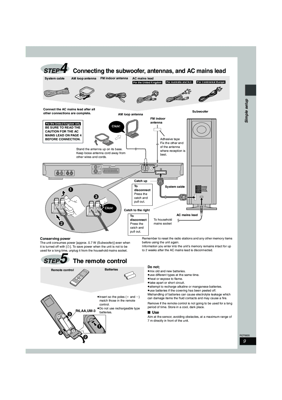 Panasonic SC-HT500 Use, Conserving power, + 3R6,AA,UM-3 batteries Do not, Be Sure to Read Mains Lead on Before Connection 