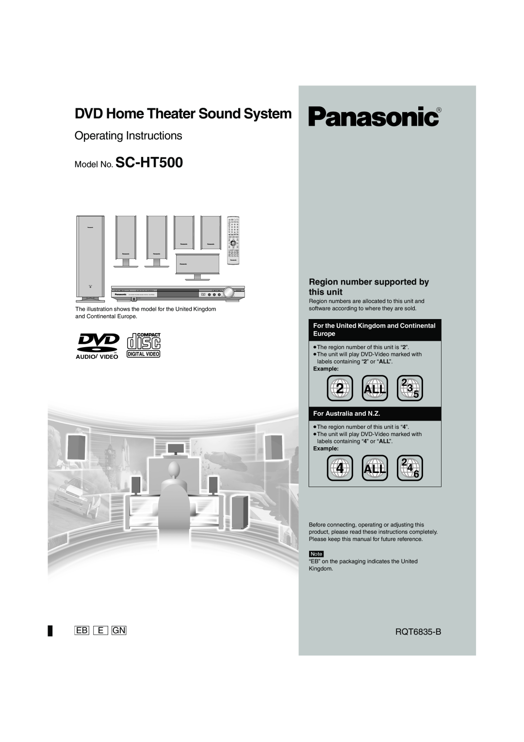 Panasonic operating instructions Model No. SC-HT500, Eb E Gn, Region number supported by this unit, RQT6835-B, 2ALL 