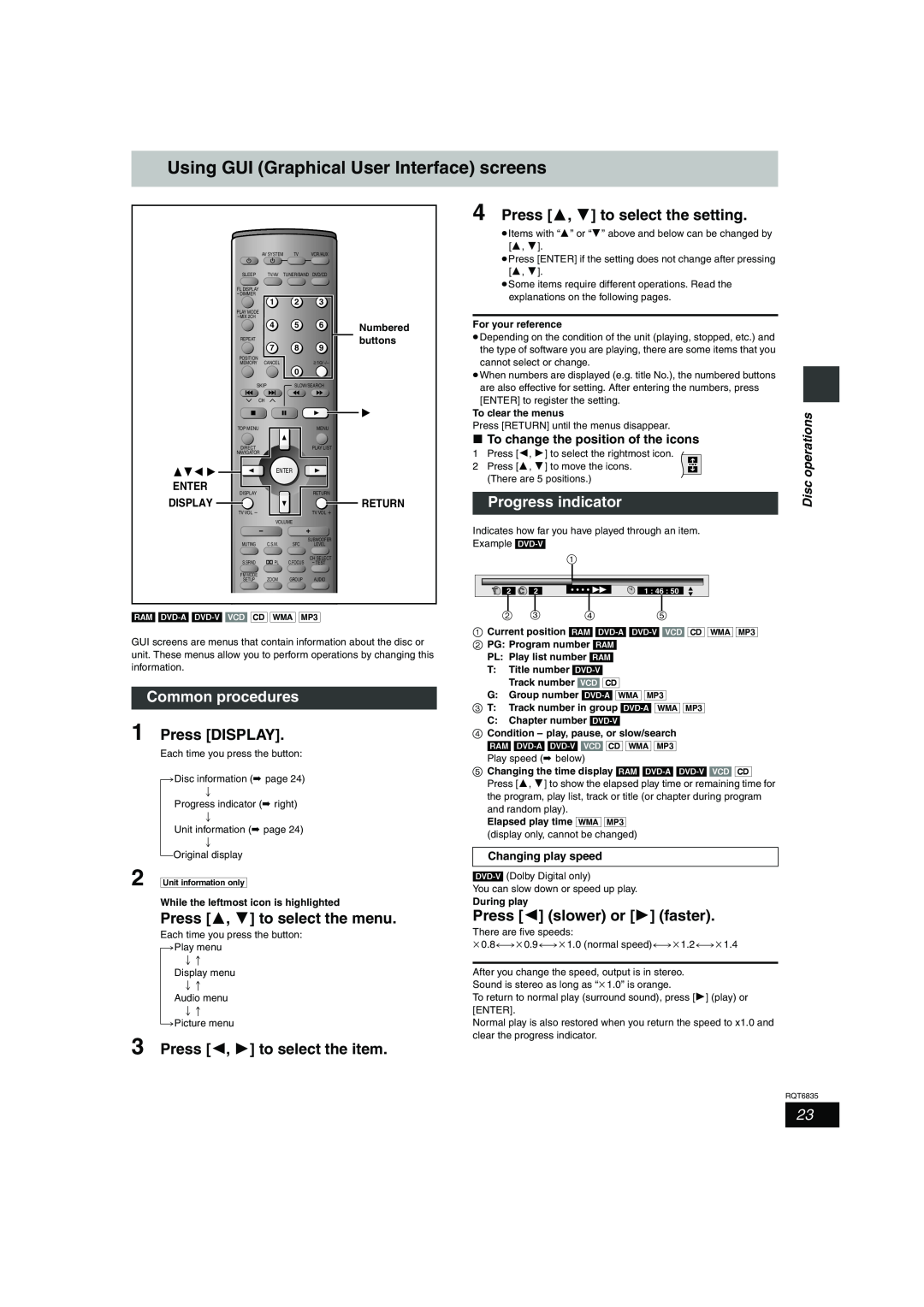 Panasonic SC-HT500 Using GUI Graphical User Interface screens, Common procedures, Press DISPLAY, Progress indicator, Disc 