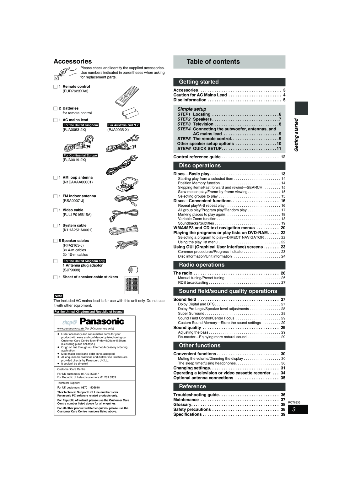 Panasonic SC-HT500 Accessories, Table of contents, Getting started, Disc operations, Radio operations, Other functions 