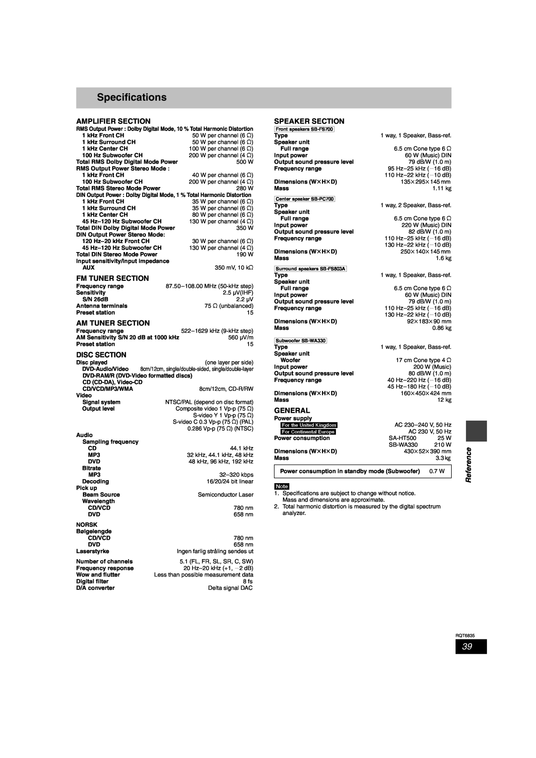 Panasonic SC-HT500 Specifications, Amplifier Section, Fm Tuner Section, Am Tuner Section, Disc Section, Speaker Section 