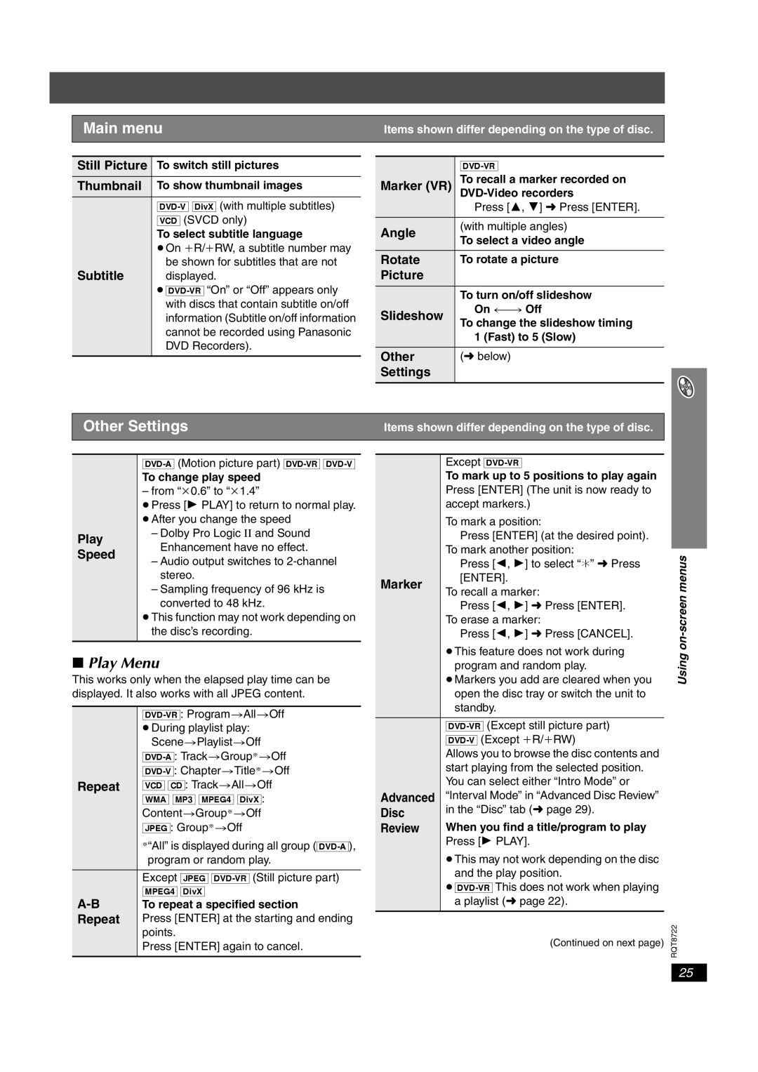 Panasonic SC-HT990, SC-HT540 operating instructions Other Settings, Play Menu 