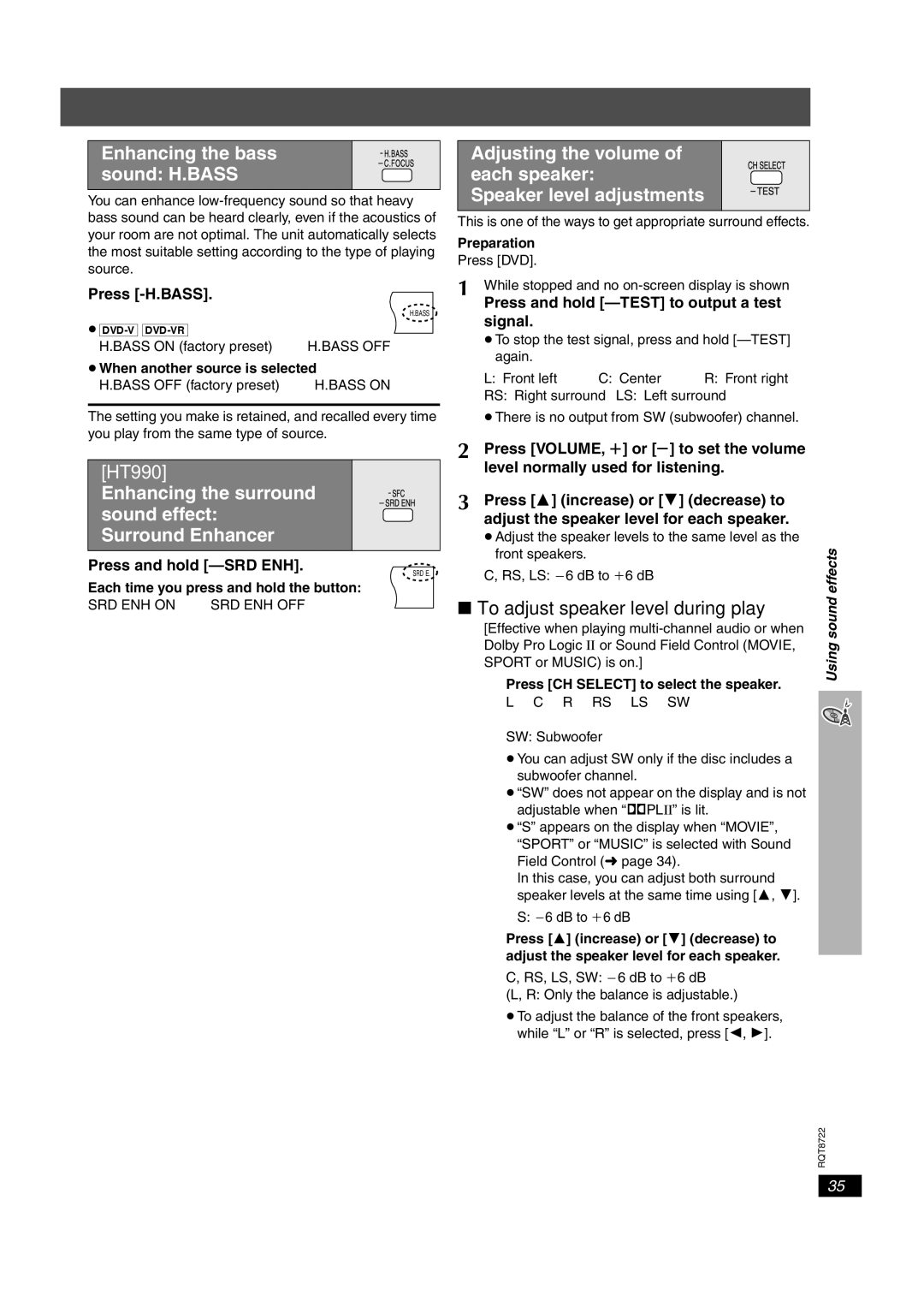 Panasonic SC-HT990, SC-HT540 Enhancing the bass sound H.BASS, To adjust speaker level during play, Press -H.BASS.ST SRD E 