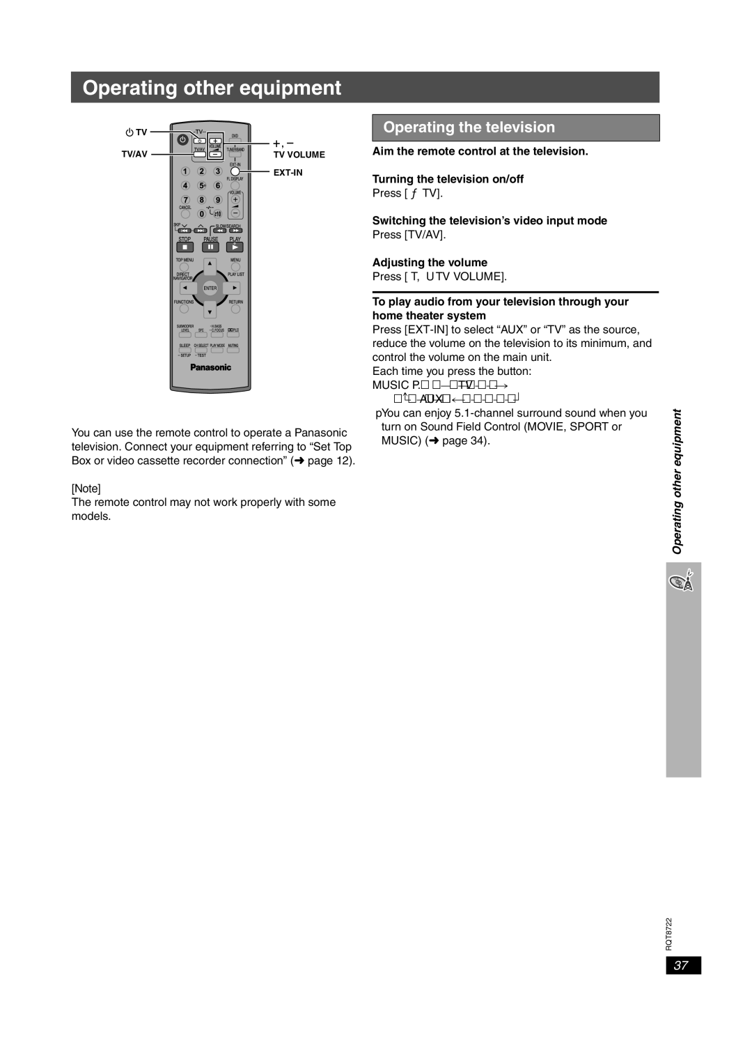 Panasonic SC-HT990 Operating other equipment, Operating the television, Switching the television’s video input mode 