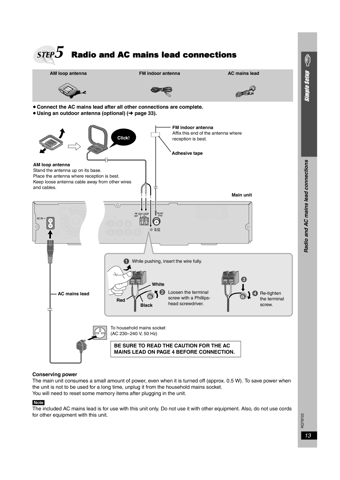 Panasonic SC-HT990, SC-HT540 Radio and AC mains lead connections, Simple Setup, ≥Using an outdoor antenna optional page 
