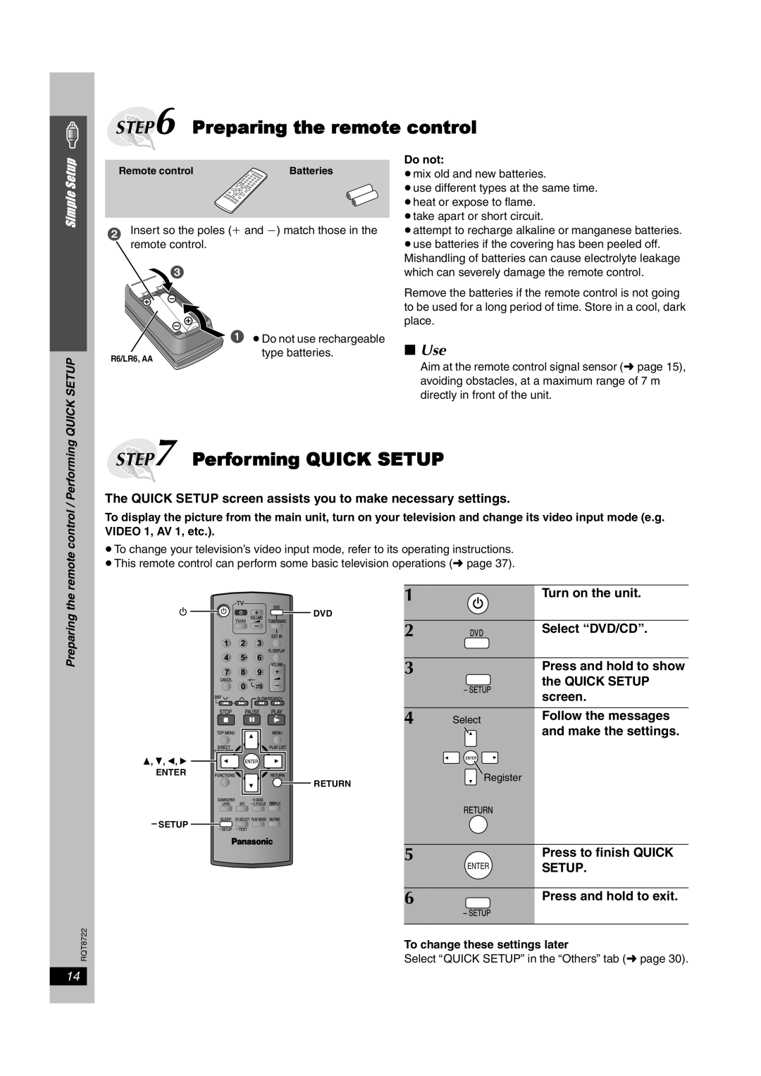 Panasonic SC-HT540, SC-HT990 Preparing the remote control, Performing QUICK SETUP, ∫Use, Simple Setup, Do not, Quick Setup 