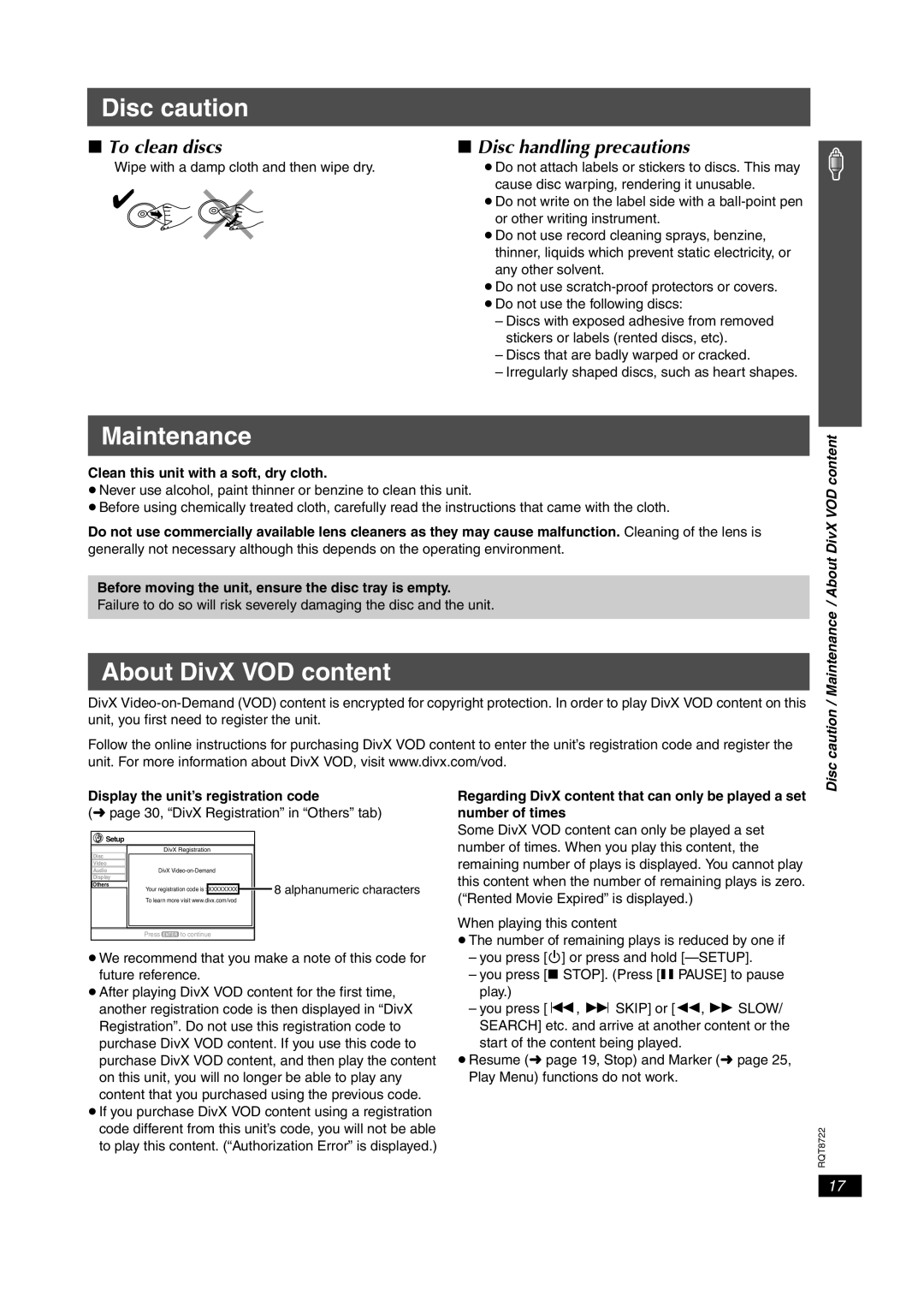 Panasonic SC-HT990 Disc caution, Maintenance, About DivX VOD content, ∫ To clean discs, ∫ Disc handling precautions 