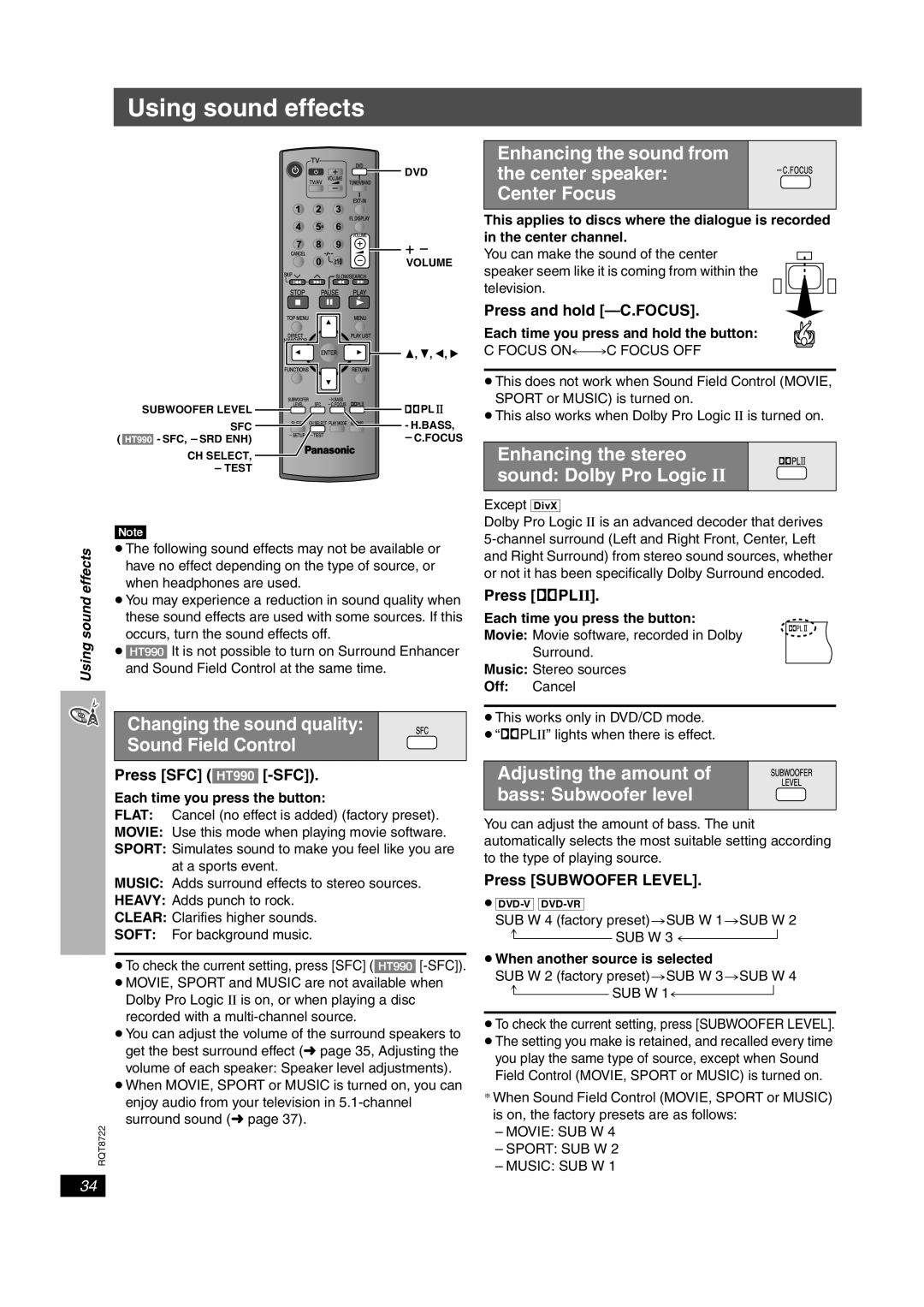 Panasonic SC-HT540 Using sound effects, Changing the sound quality Sound Field Control, Each time you press the button 