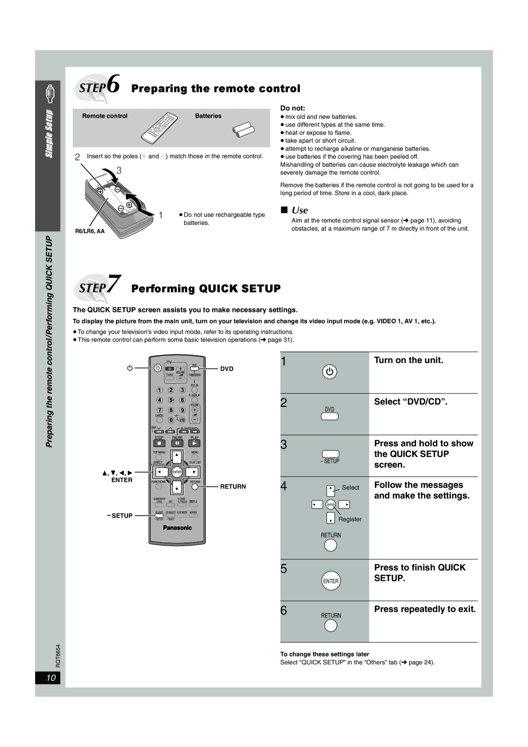 Panasonic SC-HT545 manual Use, Preparing the remote control/Performing Quick Setup, Do not 