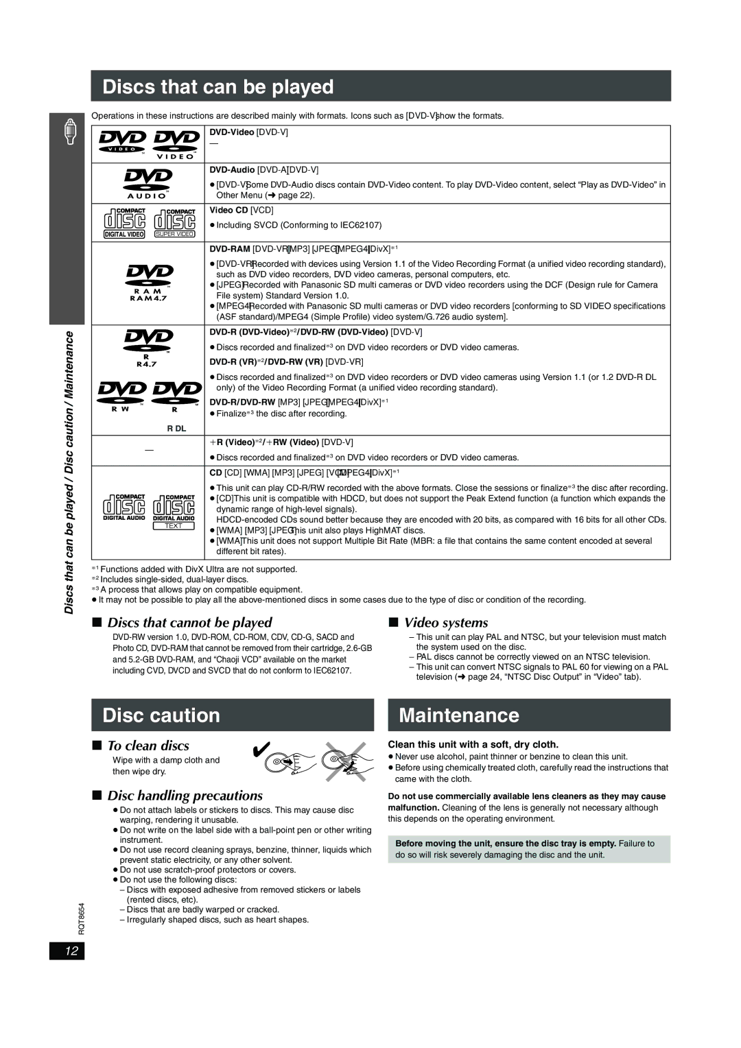 Panasonic SC-HT545 manual Disc caution Maintenance, Discs that cannot be played Video systems, To clean discs 