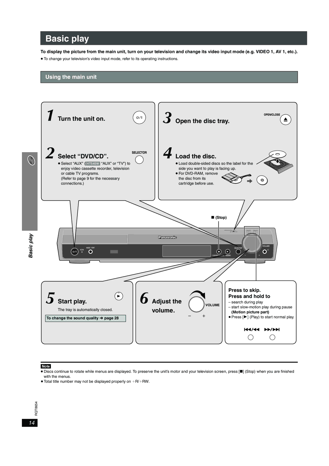 Panasonic SC-HT545 manual Using the main unit, Basic play, Press to skip Press and hold to 