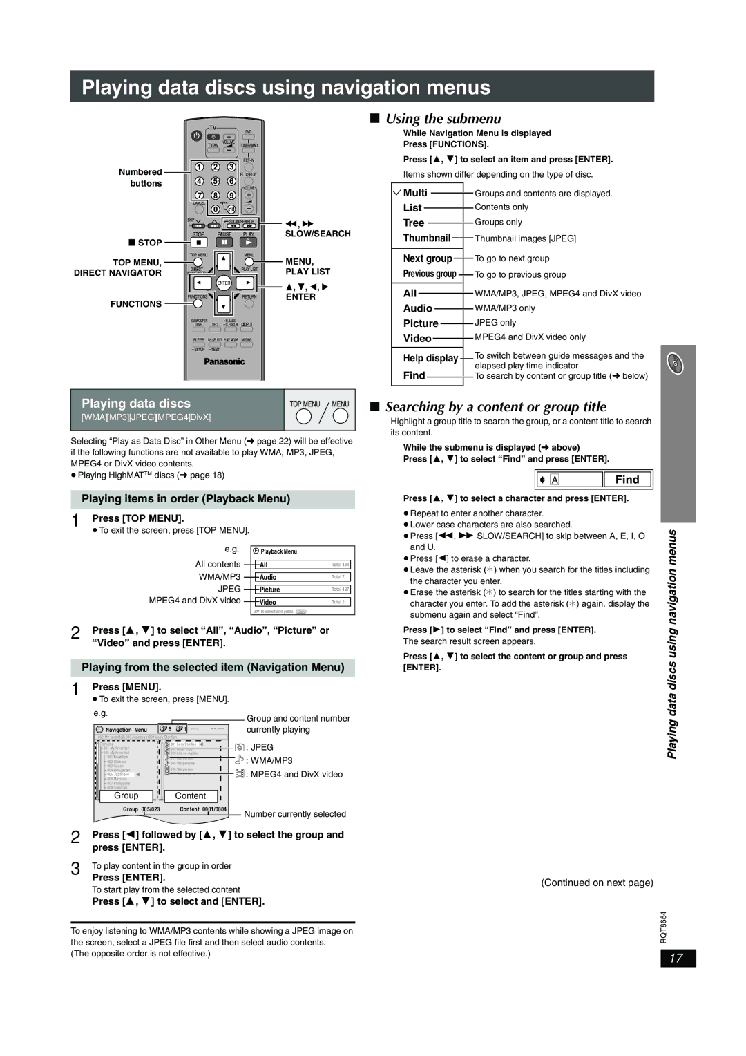 Panasonic SC-HT545 Playing data discs using navigation menus, Using the submenu, Searching by a content or group title 